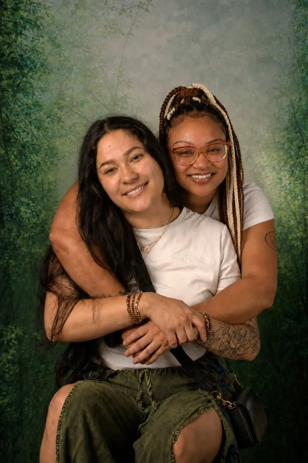 A mother hugging her daughter from behind on a green painted backdrop