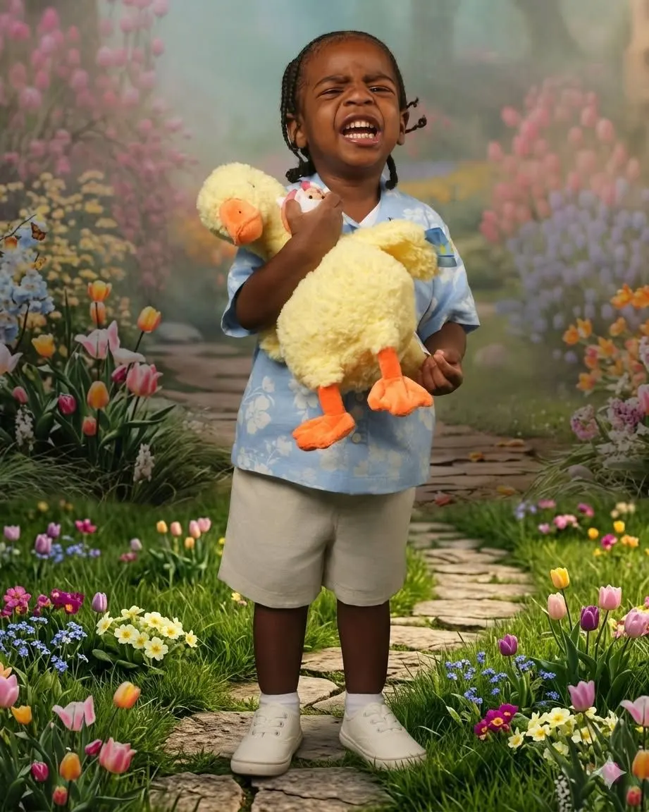 A laughing toddler holding a yellow duck plush in a garden scene