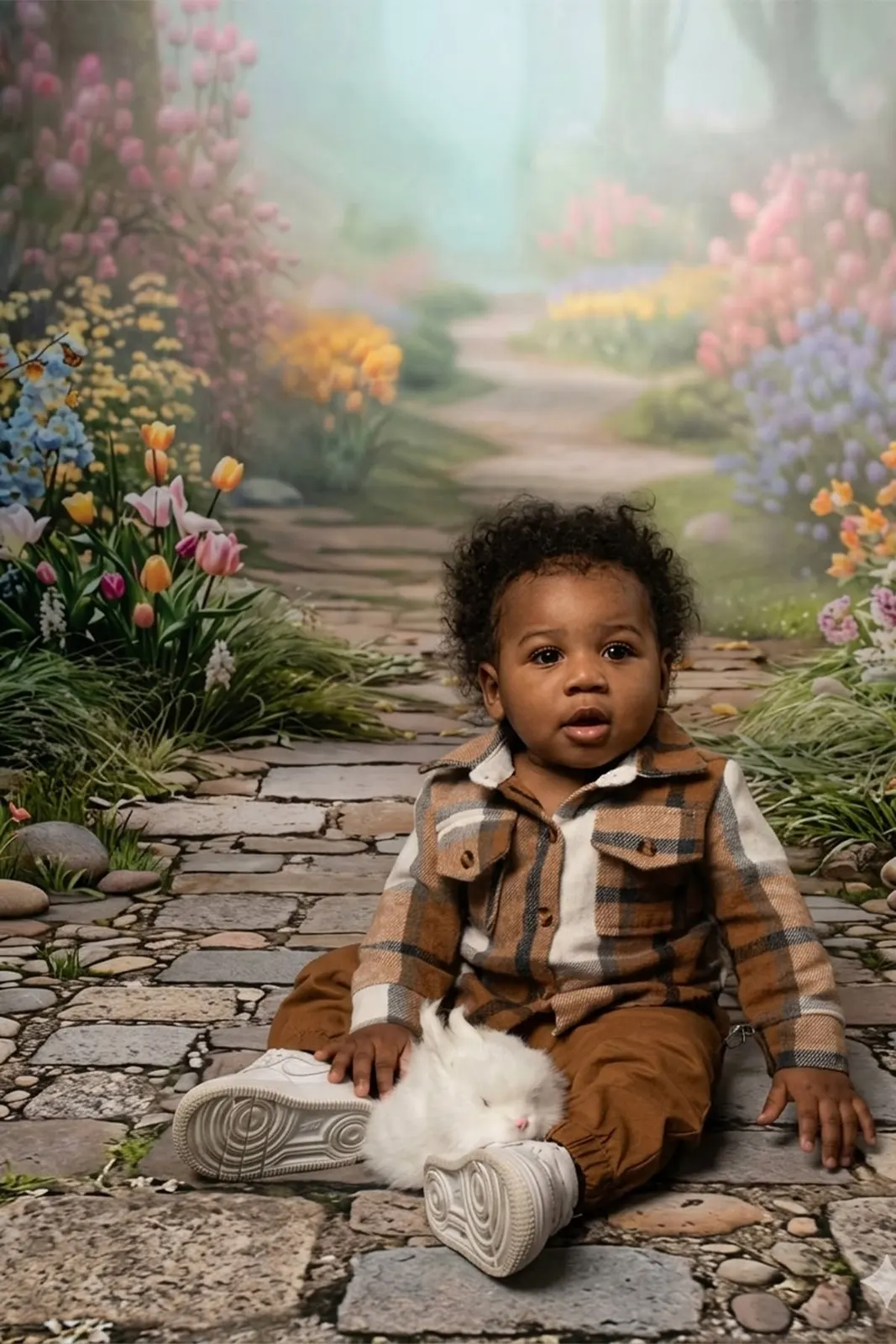 A baby in a brown cardigan sitting on a stone path in a garden scene