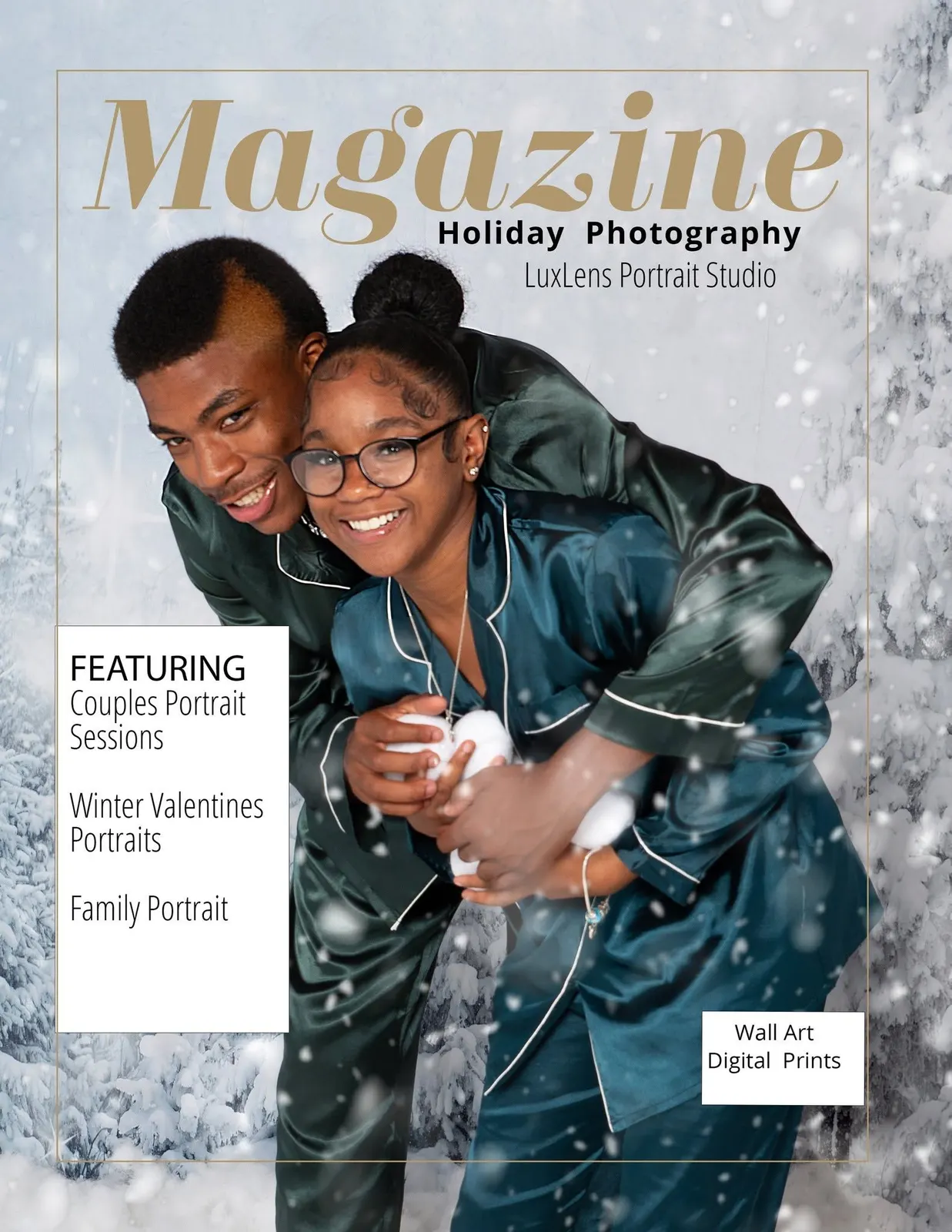 A LuxLens holiday magazine-style cover of a couple in matching pajamas in snow
