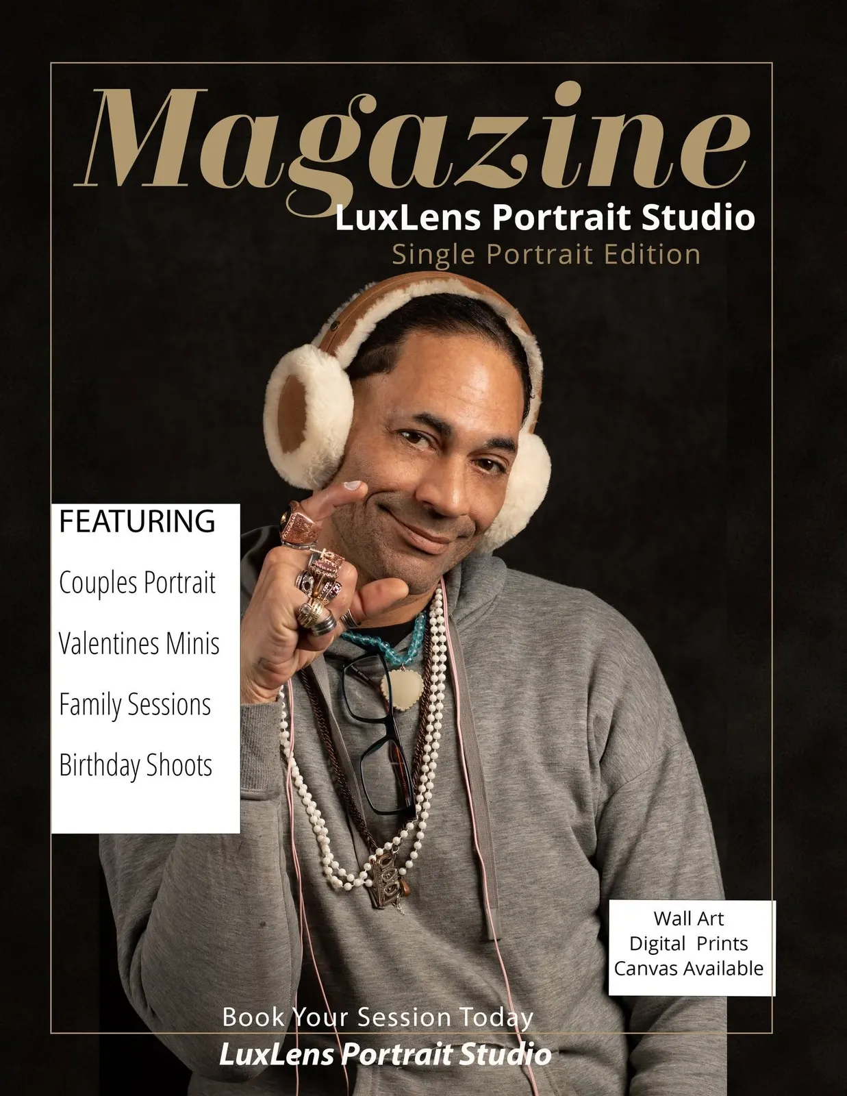 A LuxLens magazine-style cover featuring a man in cream earmuffs, with wall art and print options listed