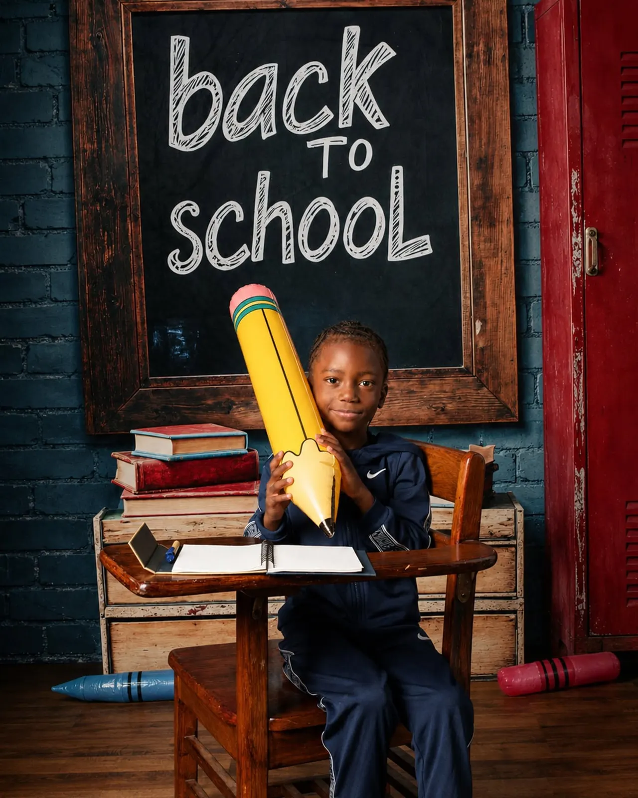 A boy with a giant yellow pencil at a school desk on the back-to-school set