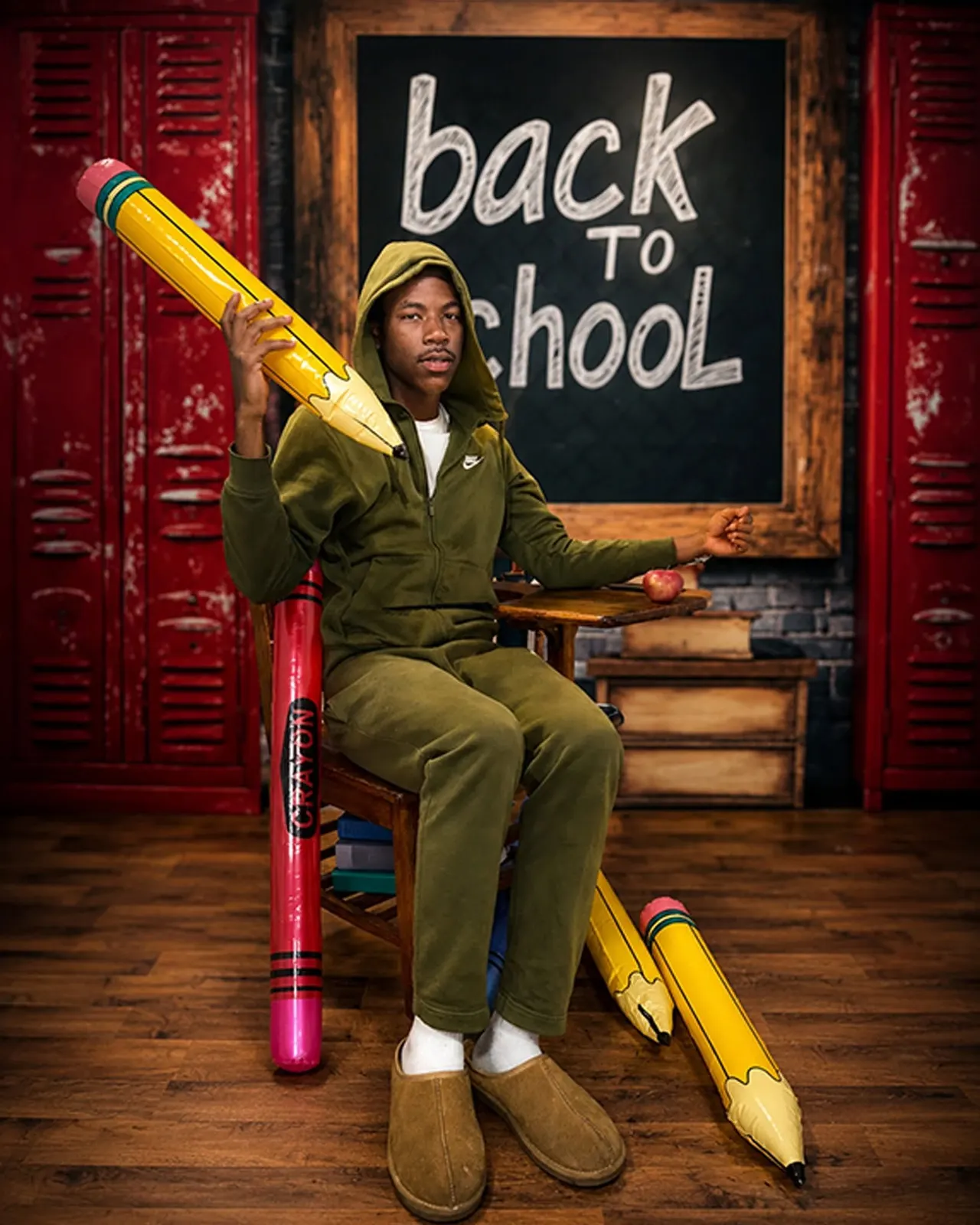 A teen in an olive outfit sitting on a desk with a giant pencil on the back-to-school set