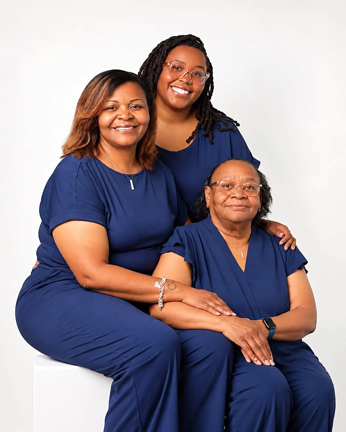 Three women in navy, the eldest seated, on a white studio backdrop